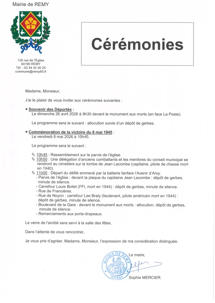 Lire la suite de l'actualité Cérémonies du 26 avril et du 8 mai 2026