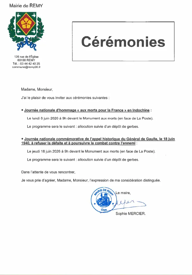 Lire la suite de l'actualité Cérémonies du 8 juin et du 18 juin 2026